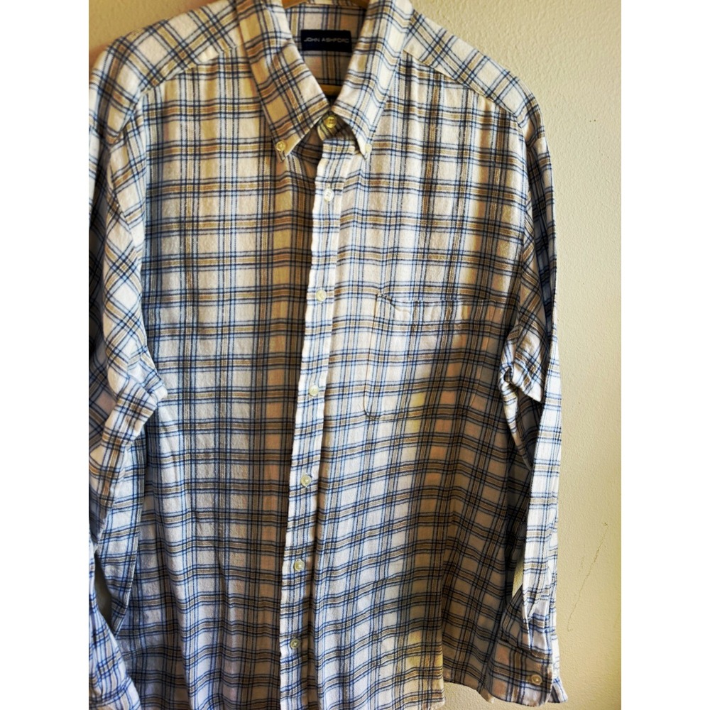 John Ashford Mens XL Regular Fit Cotton Flannel Plaid Button Up Shirt Blue